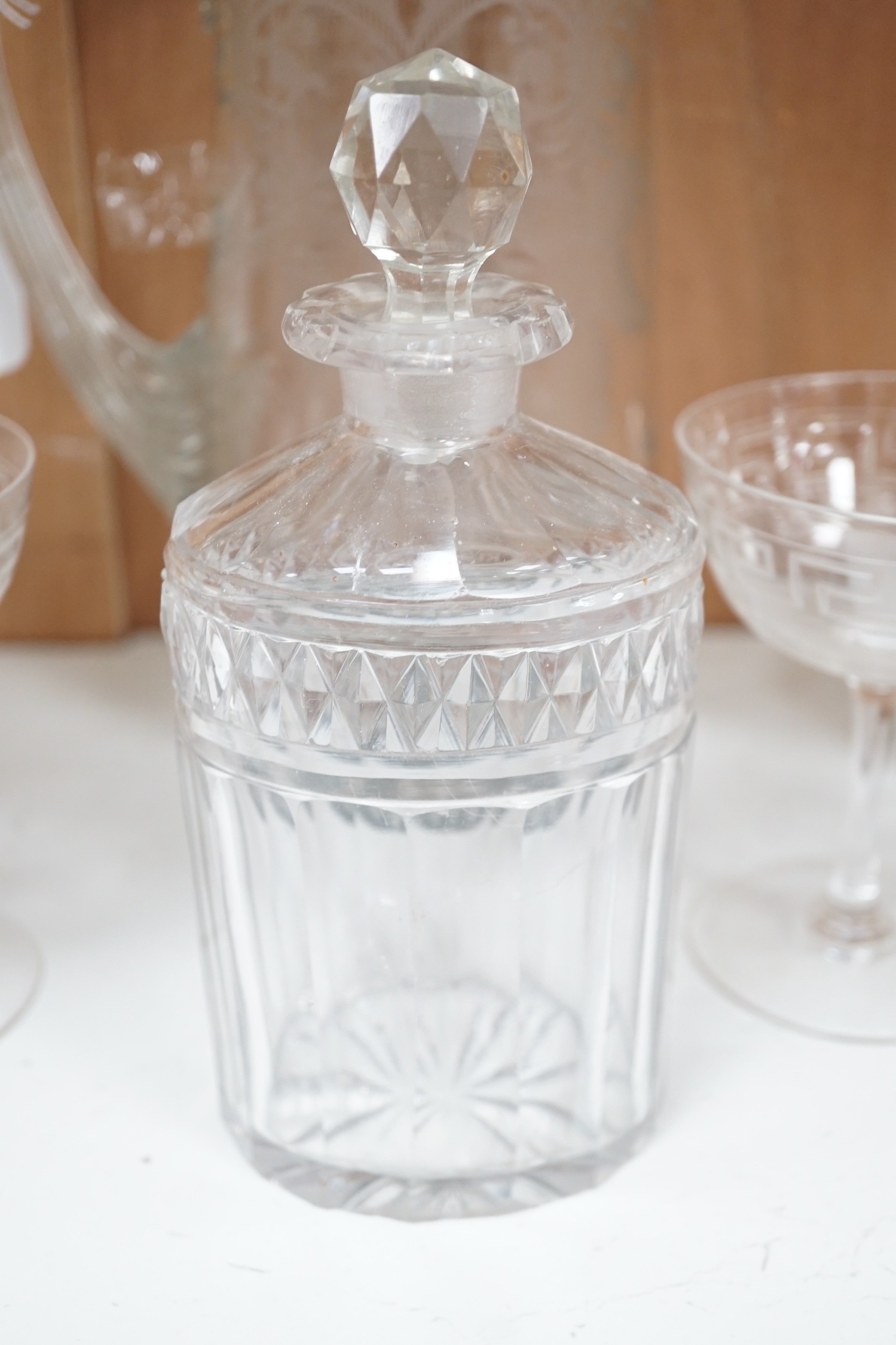 A selection of various engraved glassware, together with a cut glass decanter and stylish jug. Tallest 25cm